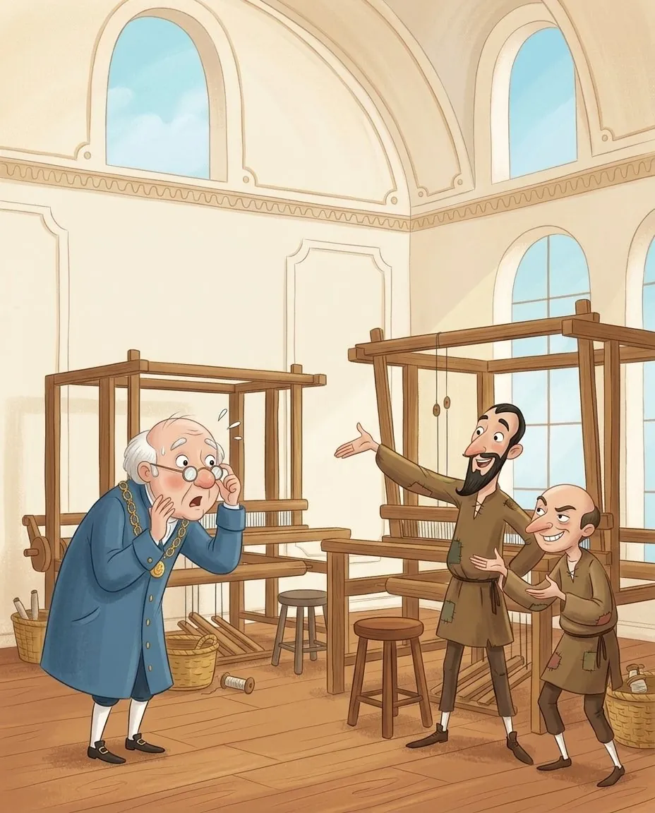 Der alte Minister mit Brille reißt vor den leeren Webstühlen die Augen weit auf