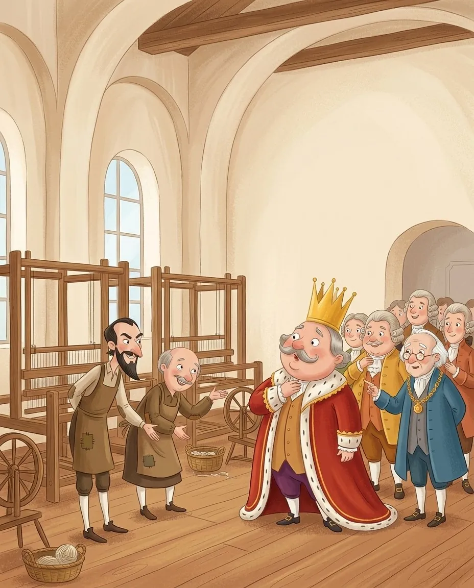 Der Kaiser und seine Höflinge nicken den leeren Webstühlen zufrieden zu, obwohl keiner etwas sieht