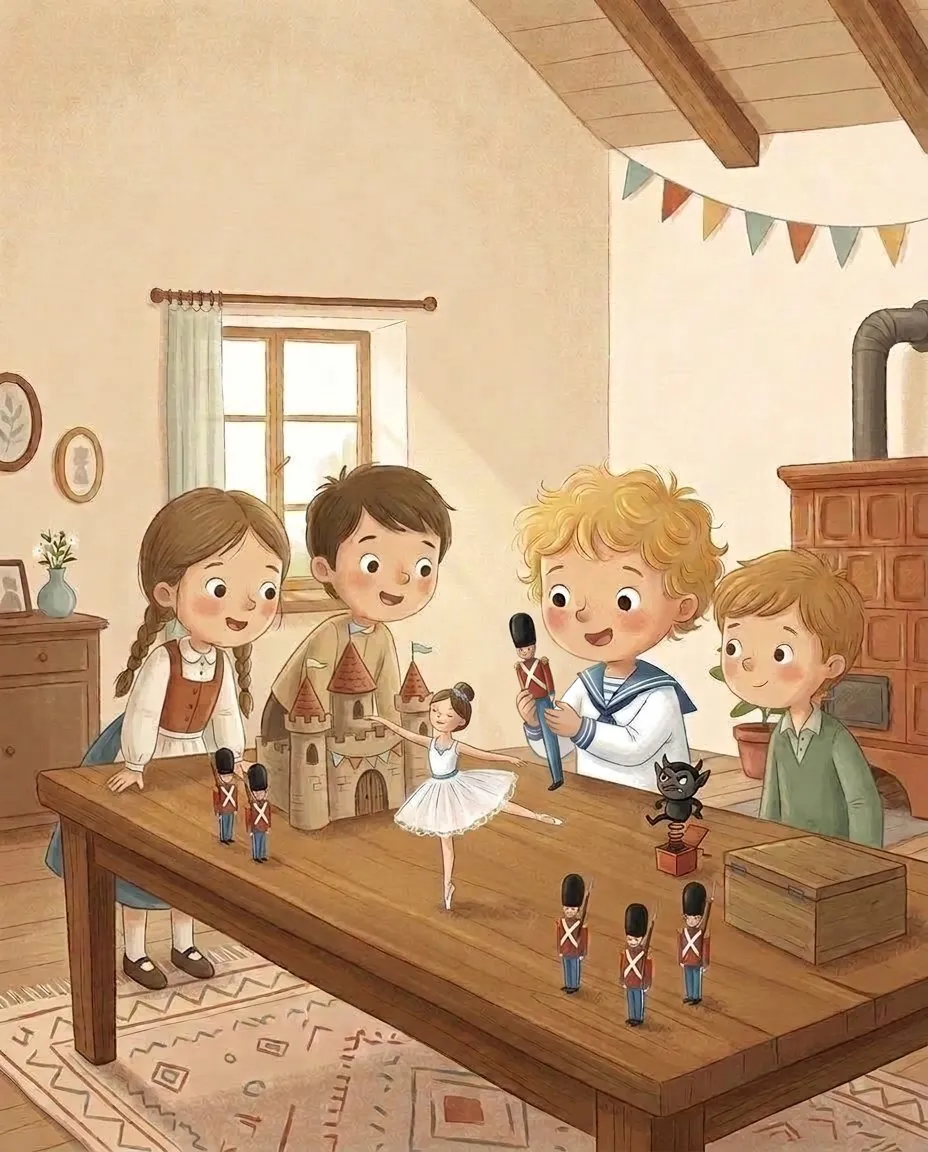 Ein Junge hält den heimgekehrten Zinnsoldaten vor die kleine Tänzerin und das Schloss auf dem Tisch
