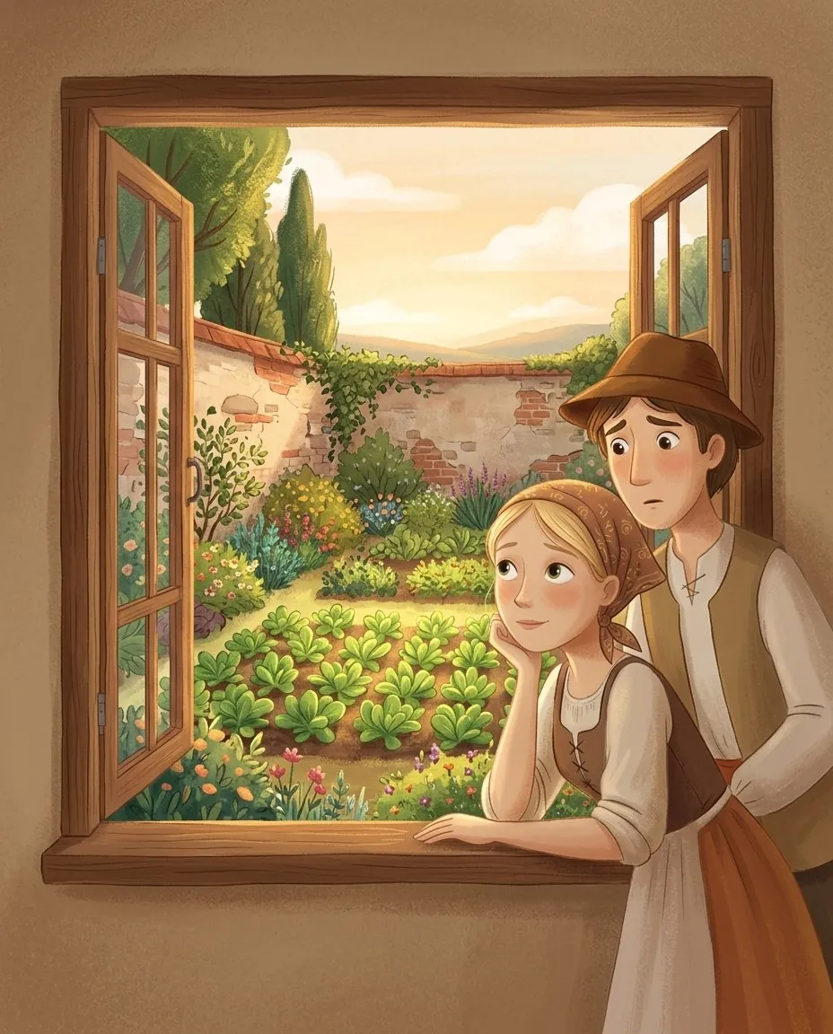 Eine Frau schaut durch ein kleines Fenster auf einen prächtigen Garten hinter einer hohen Mauer, voll Blumen und grüner Rapunzeln