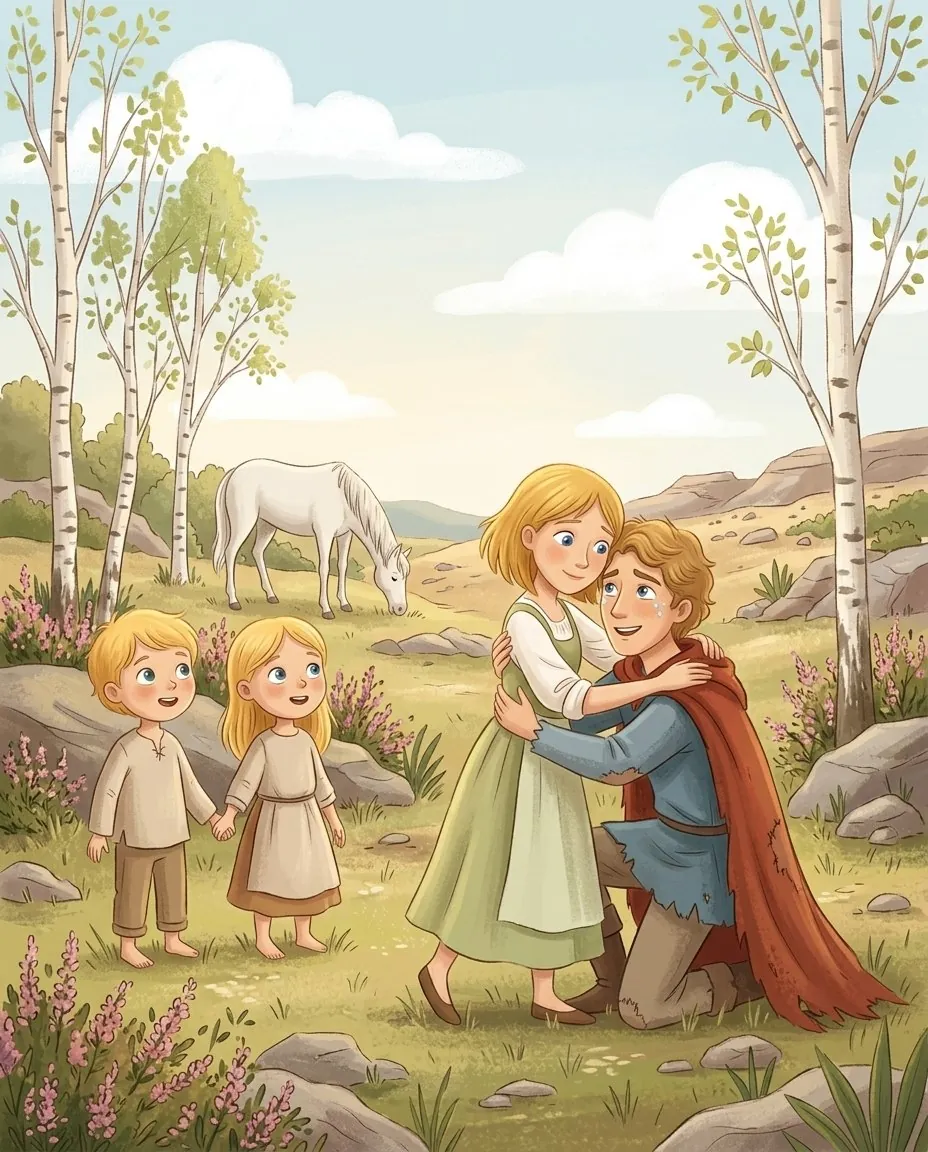 Rapunzel umarmt den Königssohn auf einer sonnigen Lichtung, neben ihr stehen ein Junge und ein Mädchen