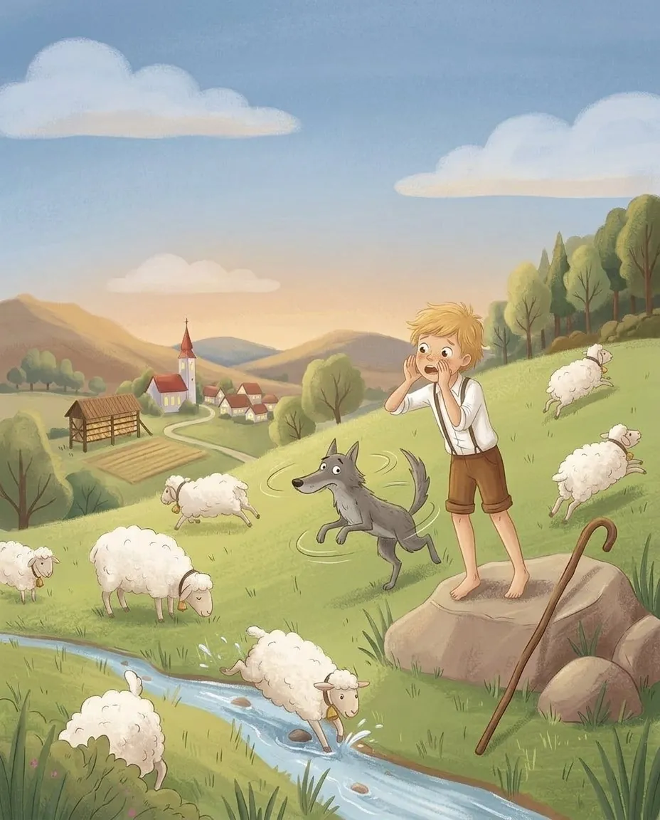 Die Schafe rennen in alle Richtungen davon, und der Wolf jagt verwirrt hinter ihnen her