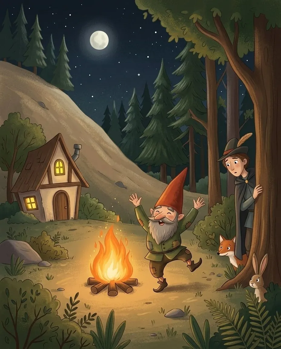 Nachts auf einer Waldlichtung hüpft ein lustiges Männchen auf einem Bein ums Feuer vor einem kleinen Haus