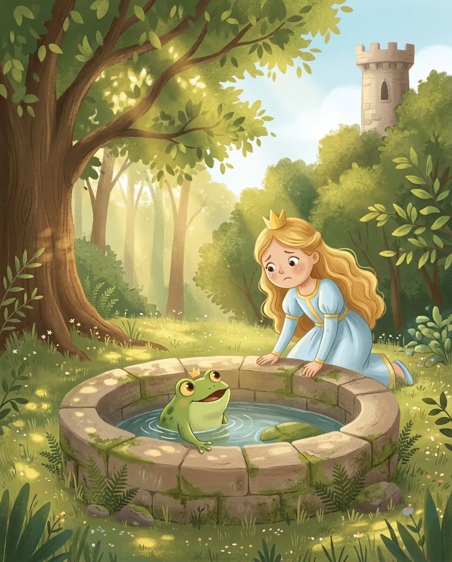 Aus dem Brunnen schaut ein grüner Frosch heraus und spricht mit der weinenden Königstochter