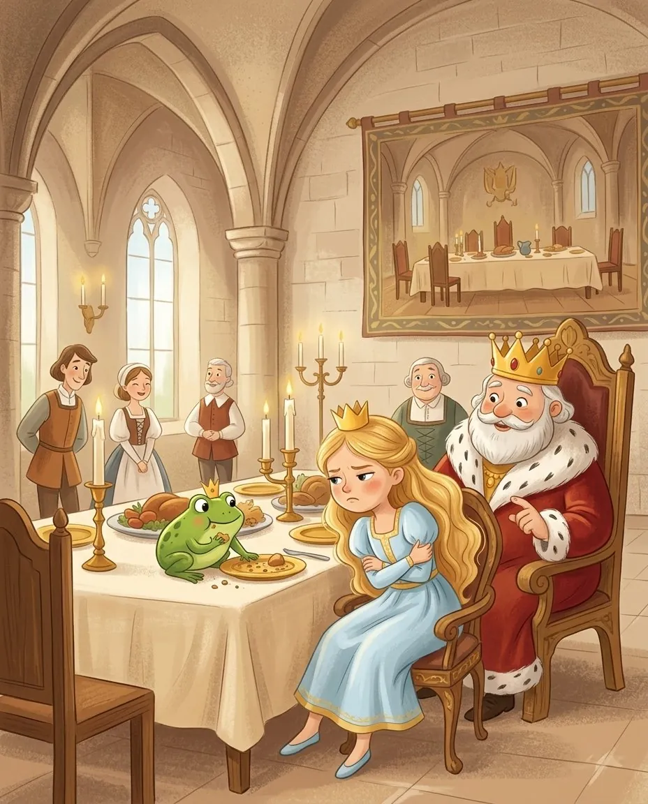 Der Frosch sitzt auf dem Tisch und isst vom goldenen Tellerlein der Königstochter, der König schaut ihn freundlich an